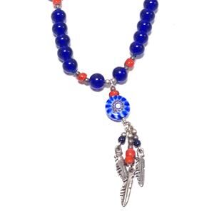 VINTAGE 90s‎ Sterling Silver & Blue Glass Boho Beaded Necklace